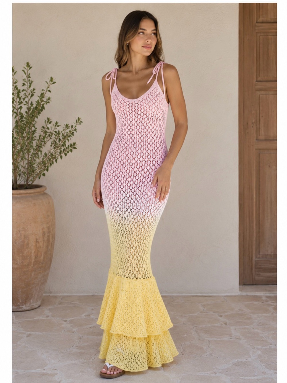 95- NEW Sunset Ombre Crochet Mermaid Maxi Dress Beach Vacation Cover Up